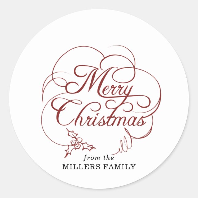 Pegatina Redonda Elegante Holly Merry Christmas (Anverso)