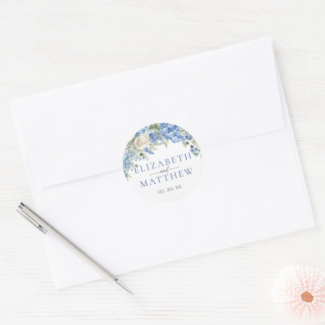 Pegatina Redonda Elegante Hydrangea Azul Roses Blancas Boda Floral (Sobre)