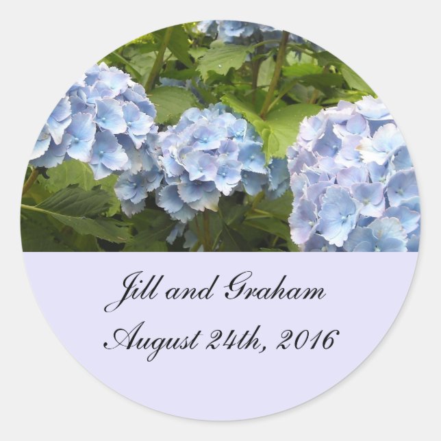 Pegatina Redonda Elegante Hydrangea Azul Salvar la Fecha (Anverso)