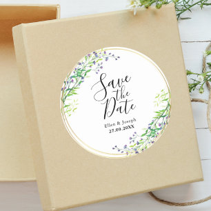 Pegatina Redonda Elegante Invitación Botánica de Bodas para Guardar