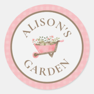 Pegatina Redonda Elegante Jardín Acuático Rosa Gingham