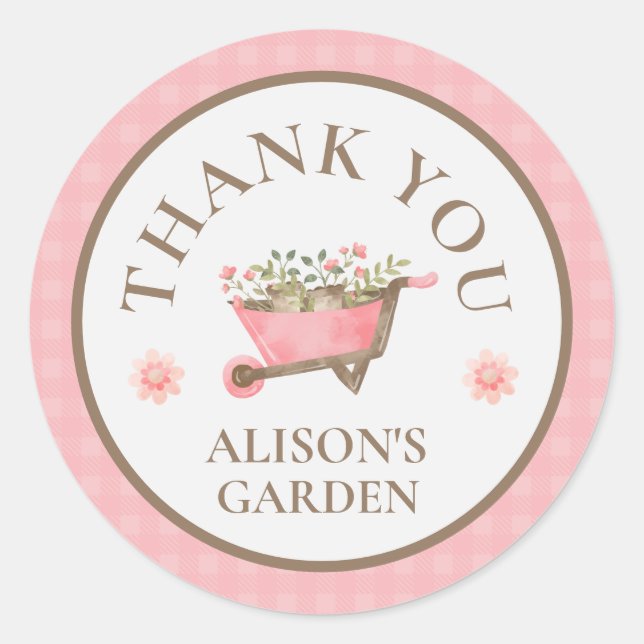 Pegatina Redonda Elegante Jardín Acuático Rosa Gingham (Anverso)