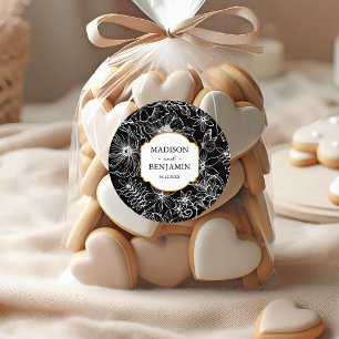 Pegatina Redonda Elegante Jardín Floral Boda Dorado Negro y Blanco