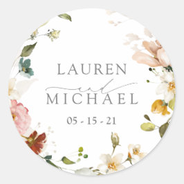 Pegatina Redonda Elegante Jardín Flores Acuarela Floral Boda