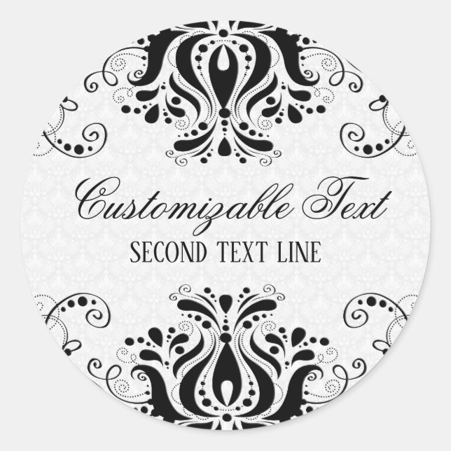 Pegatina Redonda Elegante Lace floral negro y damascos blancos (Anverso)