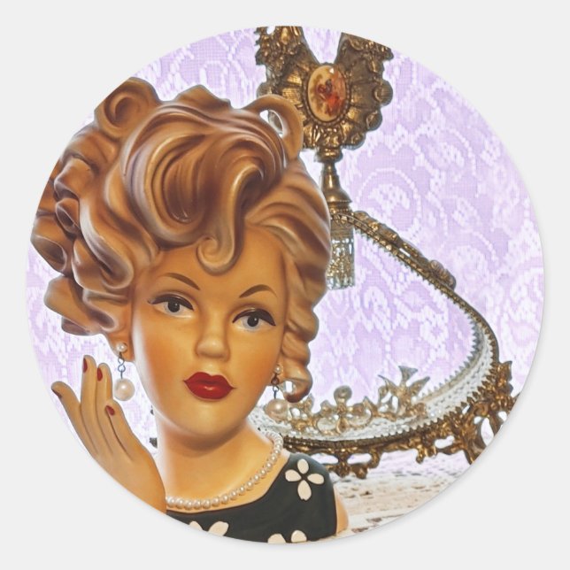 Pegatina Redonda Elegante Lady Head Vase Spiral Curls Vestido Flora (Anverso)