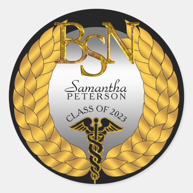 Pegatina Redonda Elegante Laurel Wreath BSN Enfermería Grado Caduce (Anverso)