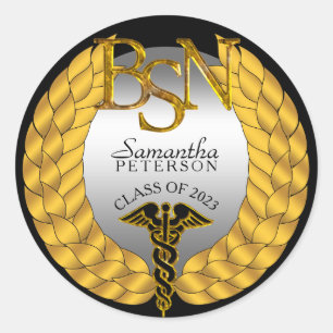 Pegatina Redonda Elegante Laurel Wreath BSN Enfermería Grado Caduce