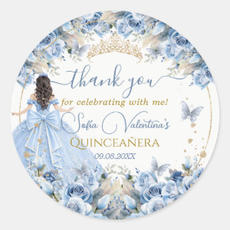Pegatina Redonda Elegante lazo de princesa de Quinceañera azul bebé