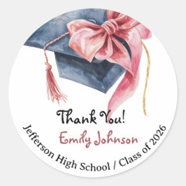 Pegatina Redonda Elegante lazo rosa graduación agradecimiento 