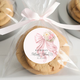 Pegatina Redonda Elegante lazo rosa romántico baby shower nupcial