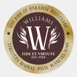 Pegatina Redonda Elegante Leather Leaf & Vintage Paper Surname Mott