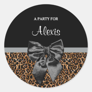 Pegatina Redonda Elegante Leopard Print Elegant Black Bow Nombre Fi