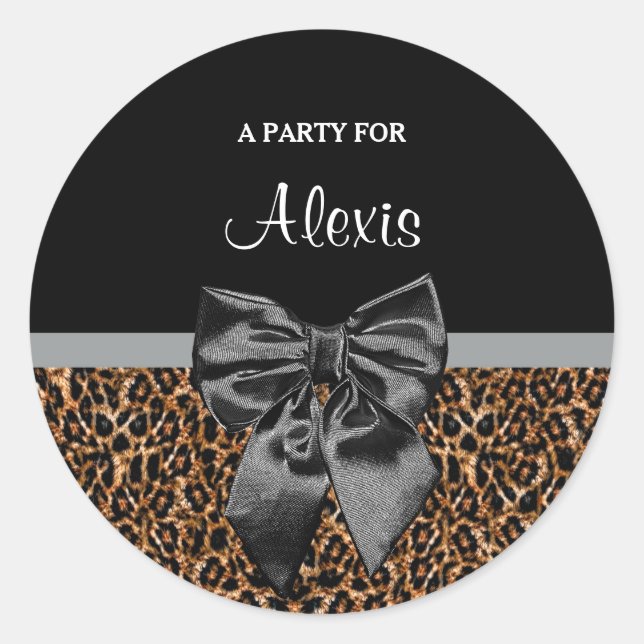 Pegatina Redonda Elegante Leopard Print Elegant Black Bow Nombre Fi (Anverso)