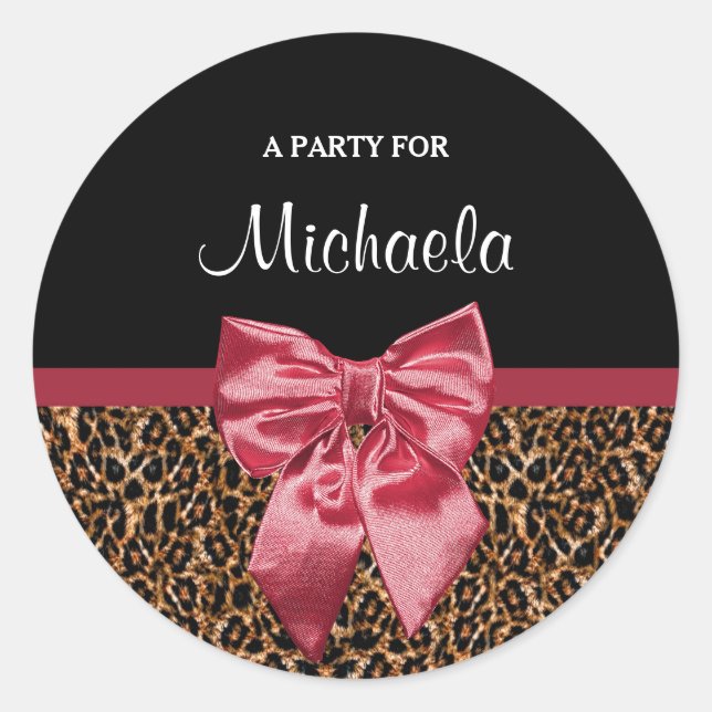 Pegatina Redonda Elegante Leopard Print Elegant Red Bow and Name (Anverso)