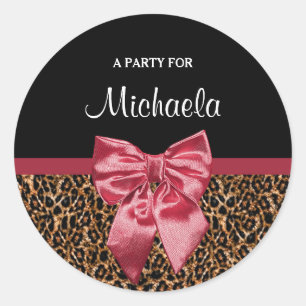 Pegatina Redonda Elegante Leopard Print Elegant Red Bow and Name