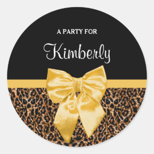 Pegatina Redonda Elegante Leopard Print Elegant Yellow Bow and Name