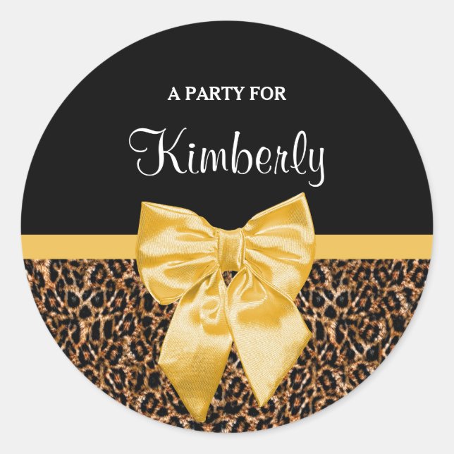 Pegatina Redonda Elegante Leopard Print Elegant Yellow Bow and Name (Anverso)