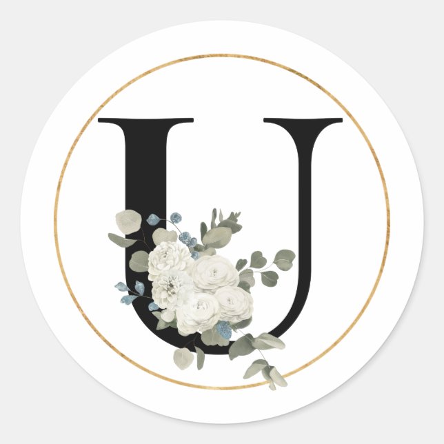 Pegatina Redonda Elegante letra blanca floral monograma U sobre bla (Anverso)