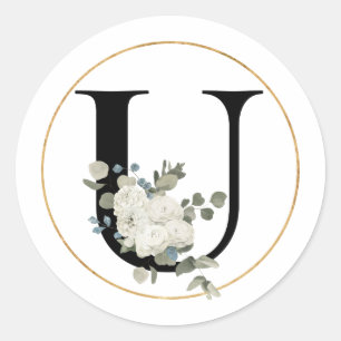 Pegatina Redonda Elegante letra blanca floral monograma U sobre bla