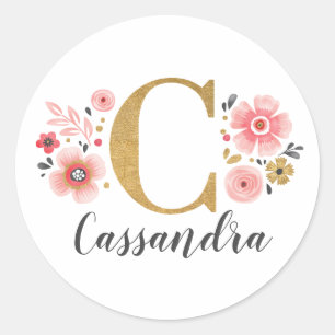 Pegatina Redonda Elegante Letra dorada rosada floral monograma inic