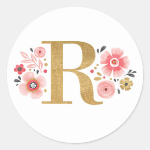 Pegatina Redonda Elegante Letra dorada rosada floral monograma inic