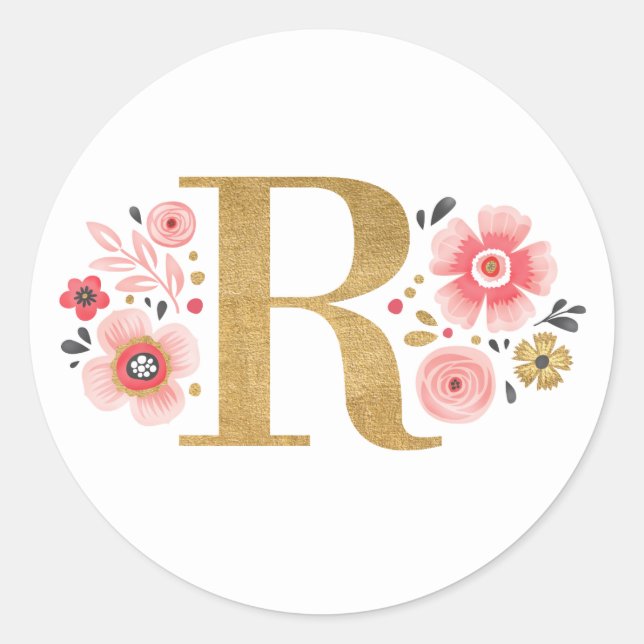 Pegatina Redonda Elegante Letra dorada rosada floral monograma inic (Anverso)