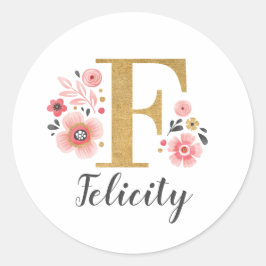 Pegatina Redonda Elegante Letra dorada rosada floral monograma inic