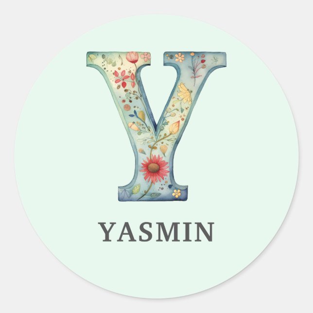 Pegatina Redonda Elegante Letra floral natural Y nombre personaliza (Anverso)