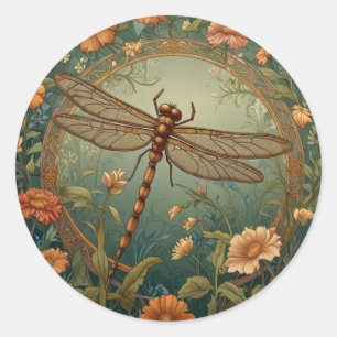 Pegatina Redonda Elegante libélula verde de primavera Art Nouveau