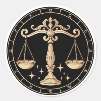 Pegatina Redonda Elegante Libra Constelación Zodiaco Oro Negro