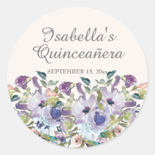 Pegatina Redonda Elegante Lila Azul Floral Quinceañera Nombre Fecha