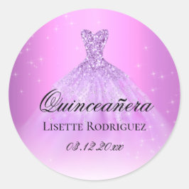 Pegatina Redonda Elegante Lila Morado Quinceanera Personalizado