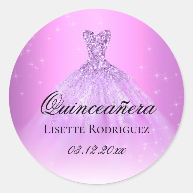 Pegatina Redonda Elegante Lila Morado Quinceanera Personalizado (Anverso)