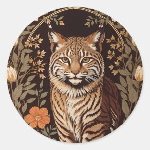 Pegatina Redonda Elegante Lince sobre Fondo Floral Marrón