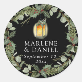 Pegatina Redonda Elegante linterna de invierno blanco y sobre rojo 