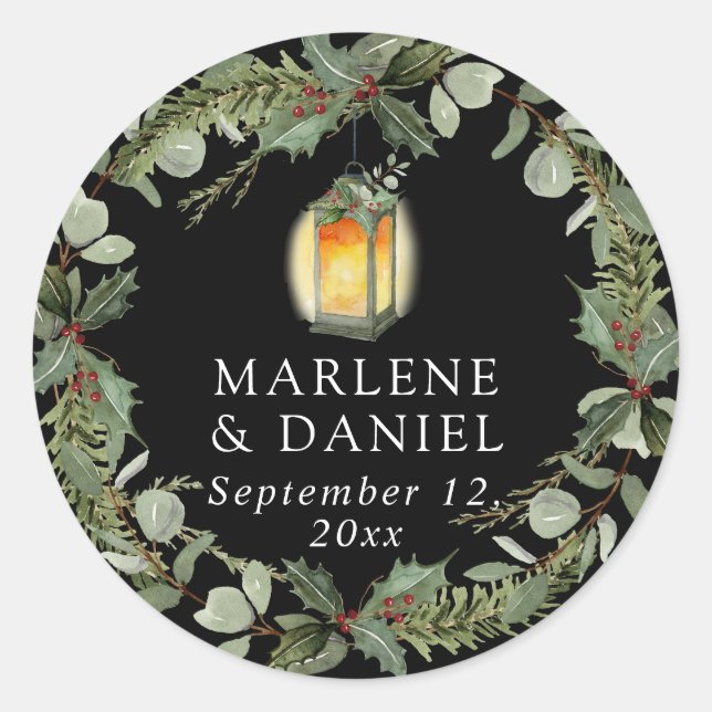 Pegatina Redonda Elegante linterna de invierno blanco y sobre rojo  (Anverso)