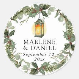 Pegatina Redonda Elegante linterna de invierno blanco y sobre rojo 