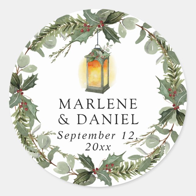 Pegatina Redonda Elegante linterna de invierno blanco y sobre rojo  (Anverso)