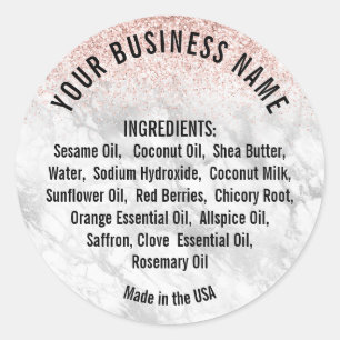 Pegatina Redonda Elegante Lista de Ingredientes de Mármol Purpurina