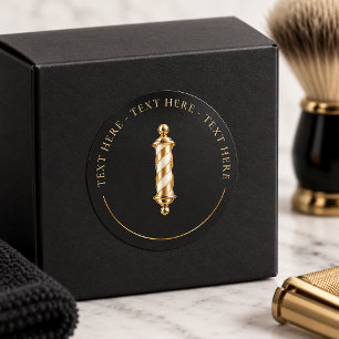 Pegatina Redonda Elegante logotipo de barbería en negro y dorado