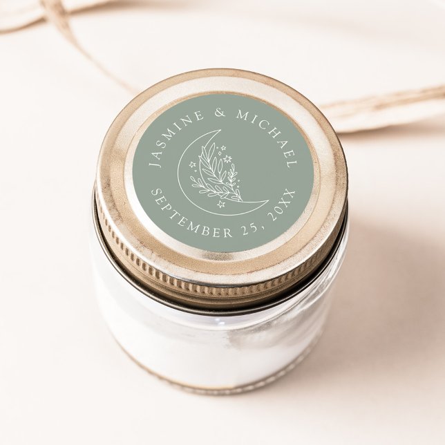 Pegatina Redonda Elegante Luna y Estrellas Sage Green Wedding Favor (Subido por el creador)