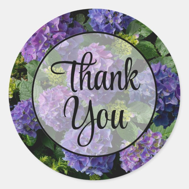 Pegatina Redonda Elegante magenta púrpura azul verde hidrangea flor (Anverso)