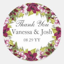 Pegatina Redonda Elegante Magenta White Florals Botánicos Verdes