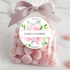 Pegatina Redonda Elegante Magnolia rosa acuarela Bridal Shower Cla
