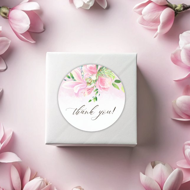 Pegatina Redonda Elegante Magnolia Rosa Acuarela Gracias (Elegant Pink Magnolia Watercolor Thank You Classic Round Sticker)