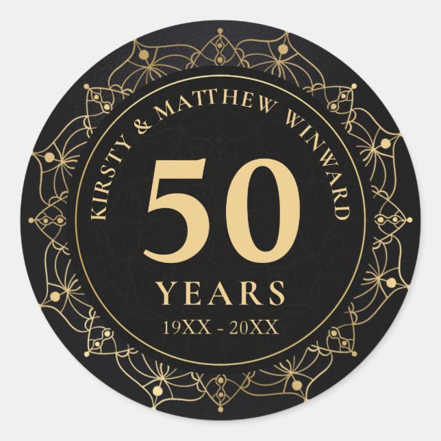 Pegatina Redonda Elegante Mandala 50 Aniversario del Negro y Oro (Anverso)