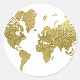 Pegatina Redonda Elegante Mapa Mundial de Oro Clásico Boda