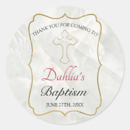 Pegatina Redonda Elegante Marble Gold Baptism Gracias