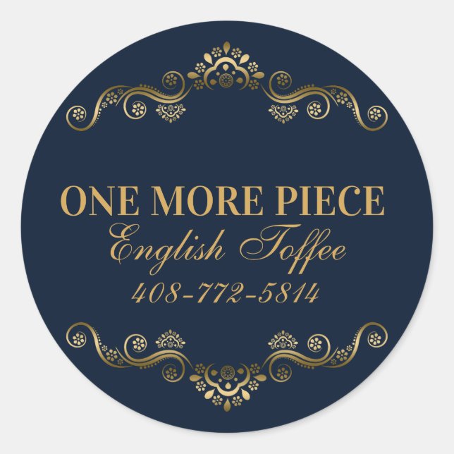 Pegatina Redonda Elegante marco azul y dorado (Anverso)